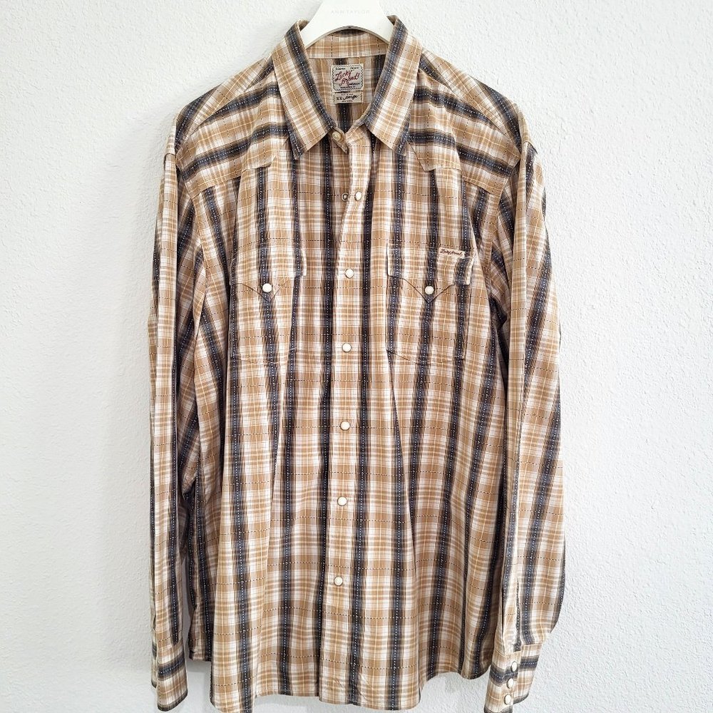 Lucky Brand XXL Beige/Gray Plaid Western Shirt